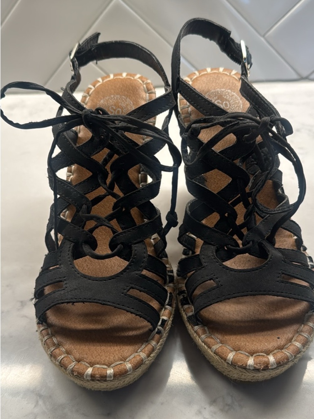 SO Black Lace-Up Espadrille Wedge Sandals